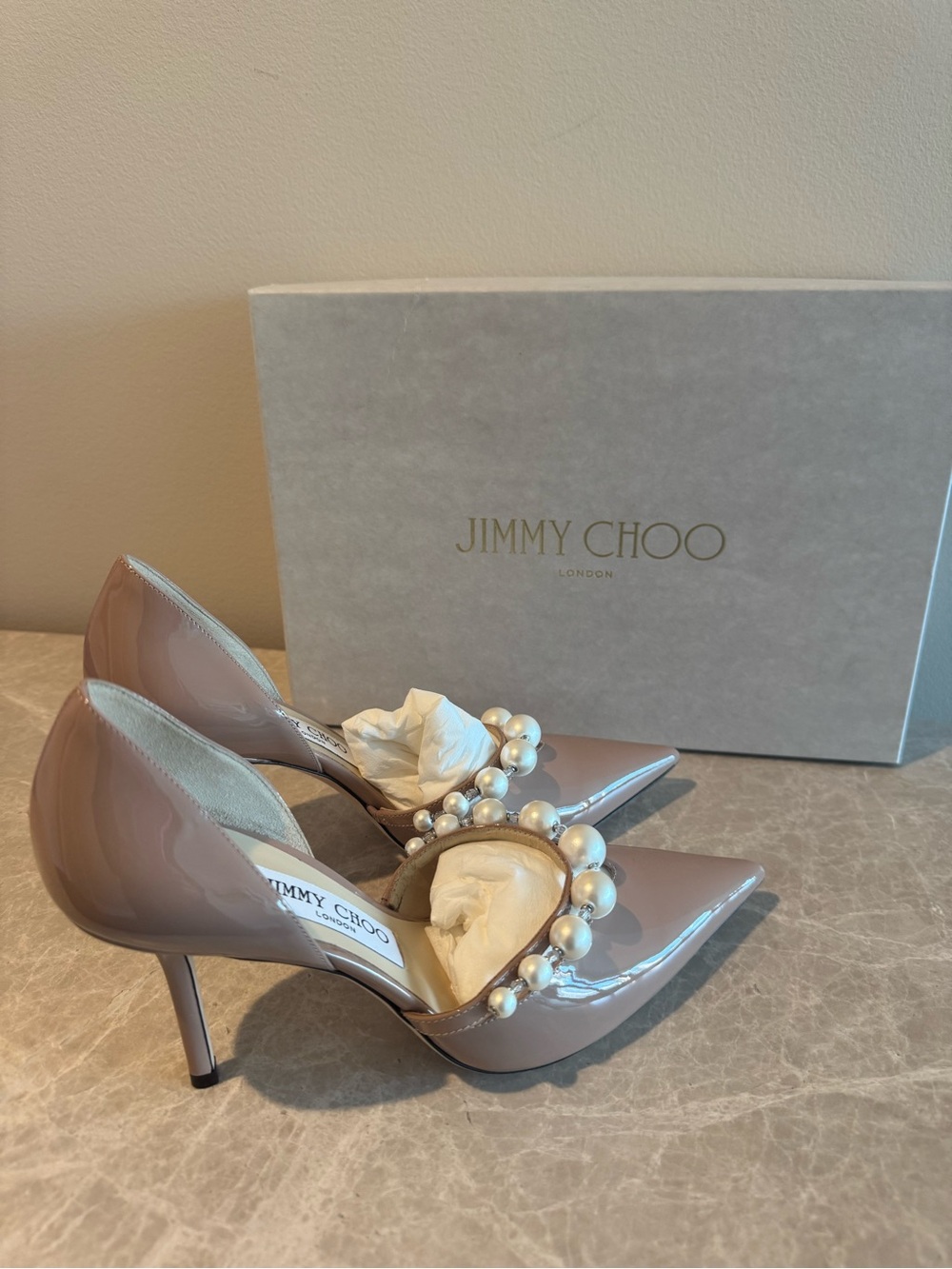 Jimmy Choo Aurelie 85 - Nude Patent Leather Pointed-Toe Pump with Pearl Strap - Picture 4 of 7